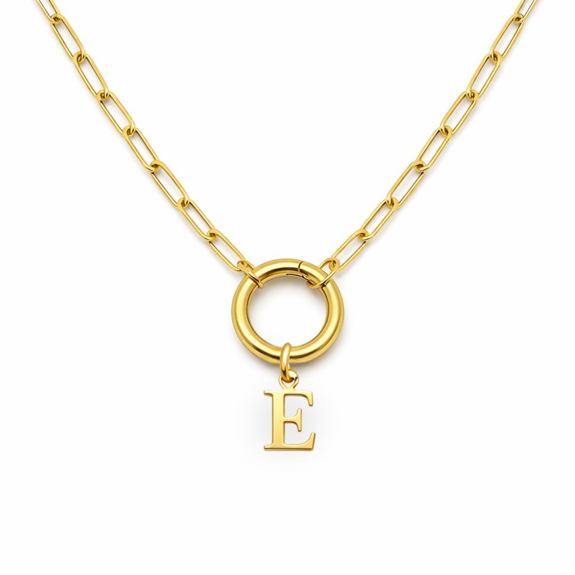 PaperclipLinkCircleCarabinerIntialLetterCharmHolderNecklaceforWomenStainlessSteel20"GingerLyne_Gold-E-1