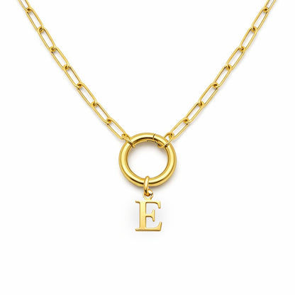 PaperclipLinkCircleCarabinerIntialLetterCharmHolderNecklaceforWomenStainlessSteel20"GingerLyne_Gold-E-1