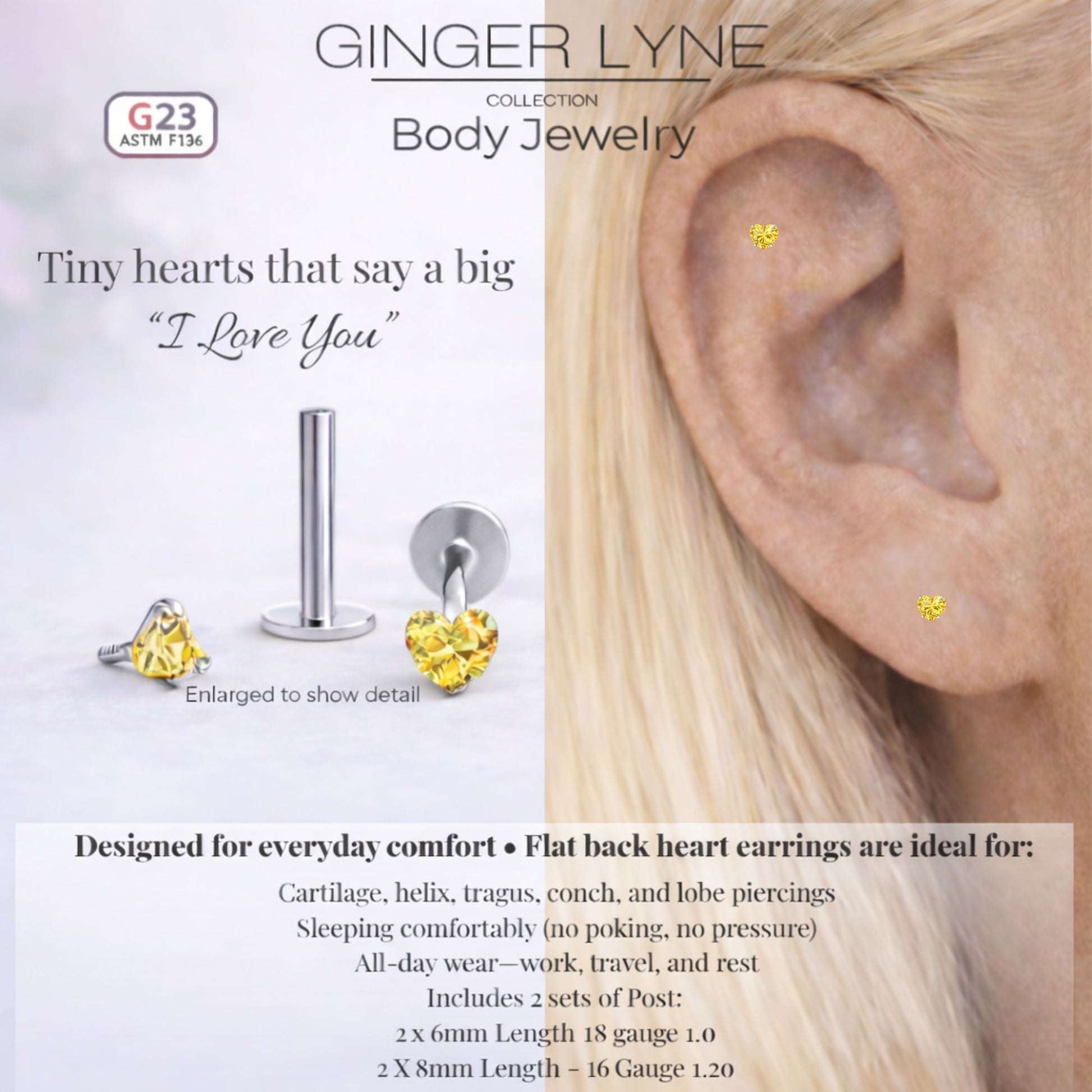 Small Heart CZ Solitaire Flat Back Stud Earrings Body Piercings by Ginger Lyne 2 Sets Post 6mm 8mm Included