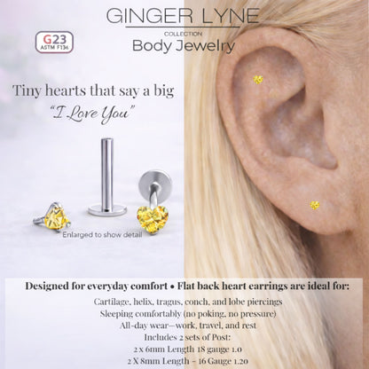 Small Heart CZ Solitaire Flat Back Stud Earrings Body Piercings by Ginger Lyne 2 Sets Post 6mm 8mm Included