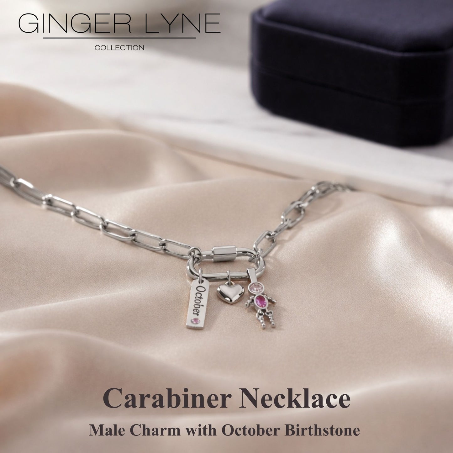 Carabiner Family Birthstone Necklace for Mom or Grandma by Ginger Lyne Stainless Steel CZ Birthday Charms_Male-October-Silver-2