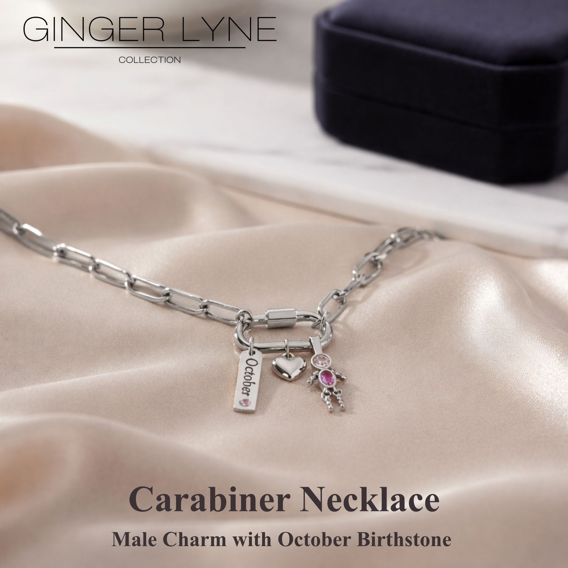 Carabiner Family Birthstone Necklace for Mom or Grandma by Ginger Lyne Stainless Steel CZ Birthday Charms_Male-October-Silver-2