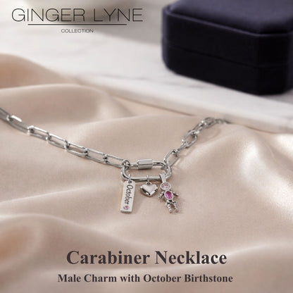Carabiner Family Birthstone Necklace for Mom or Grandma by Ginger Lyne Stainless Steel CZ Birthday Charms_Male-October-Silver-2