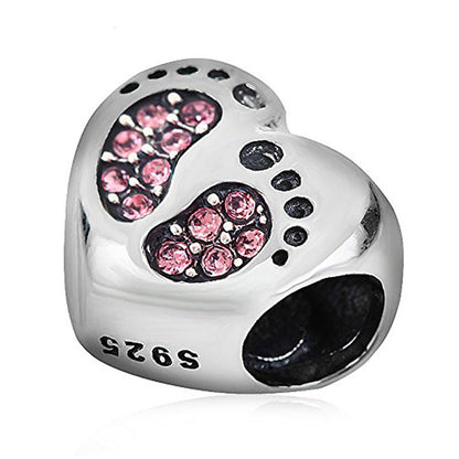 Baby Footprints Heart Charm for Women European Bead CZ Sterling Silver Ginger Lyne Collection - Pink