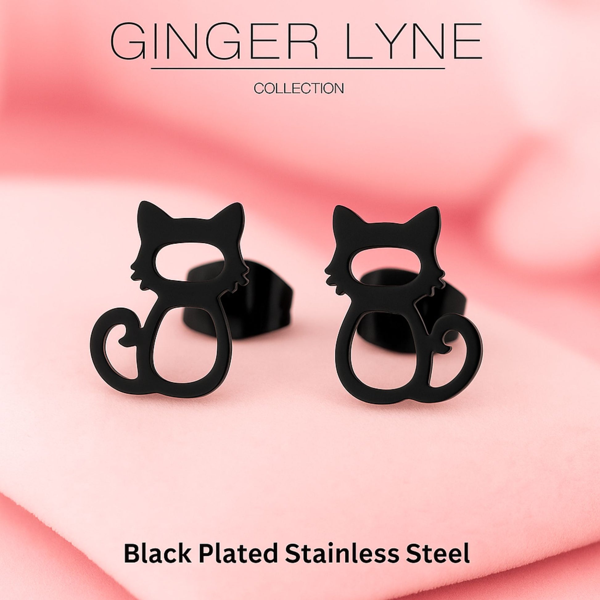 GingerLyneCatEarringsforWomenSmallBlackPlatedStainlessSteelKittyStudsPetJewelry_Black-2