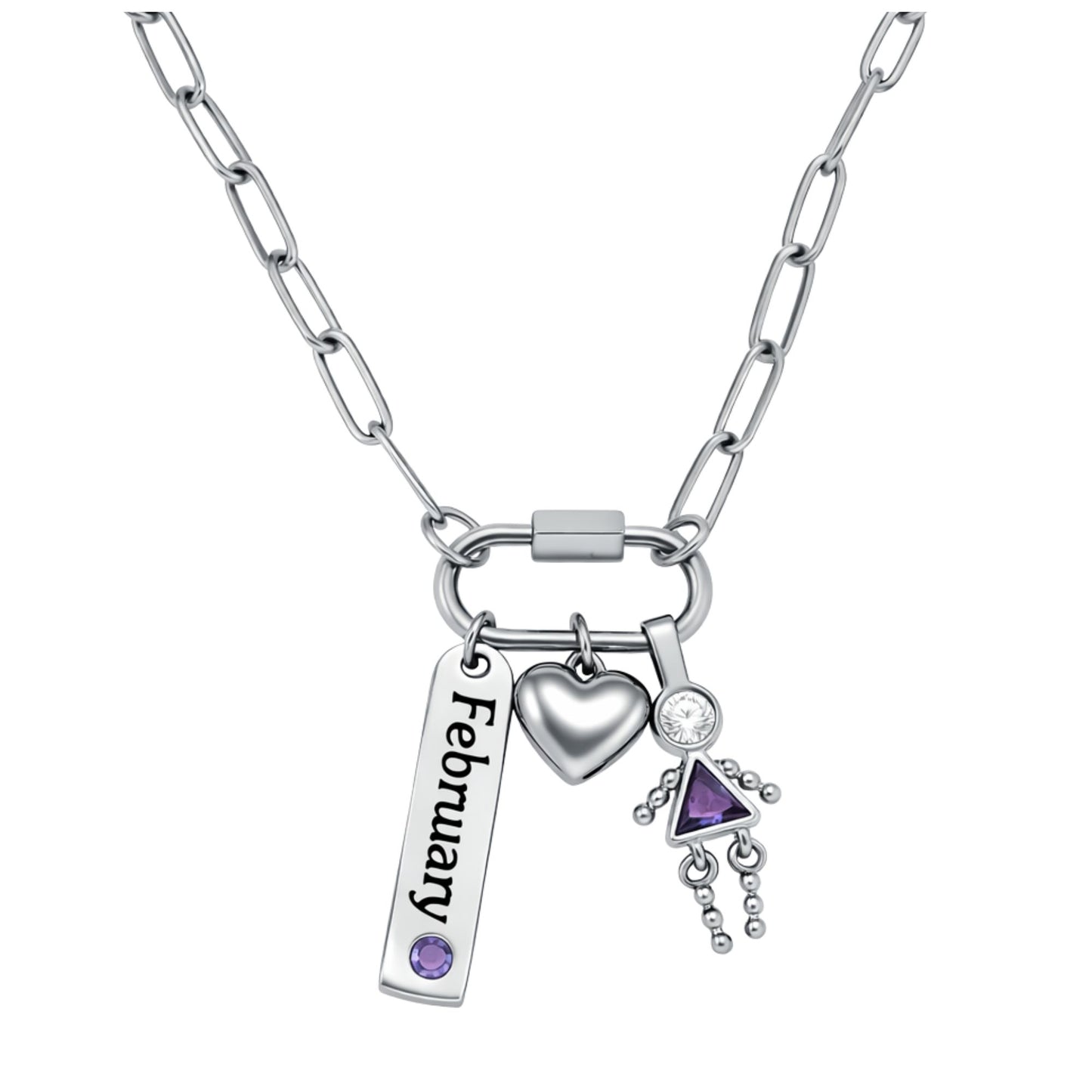 CarabinerFamilyBirthstoneNecklaceforMomorGrandmabyGingerLyneStainlessSteelCZBirthdayCharms_Female-February-Silver-1