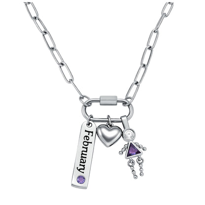 CarabinerFamilyBirthstoneNecklaceforMomorGrandmabyGingerLyneStainlessSteelCZBirthdayCharms_Female-February-Silver-1