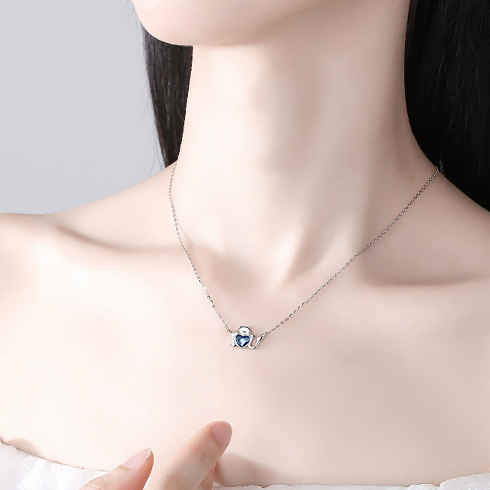 Teddy Bear I Love You  Necklace for Women Blue Heart Cz Sterling Silver Ginger Lyne Collection