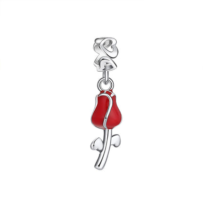 Red Rose Flower Charm European Bead Sterling Silver Ginger Lyne Collection