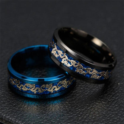 Dragon Wedding Band for Women or Men Black or Blue Stainless Steel Ring by Ginger Lyne Collection