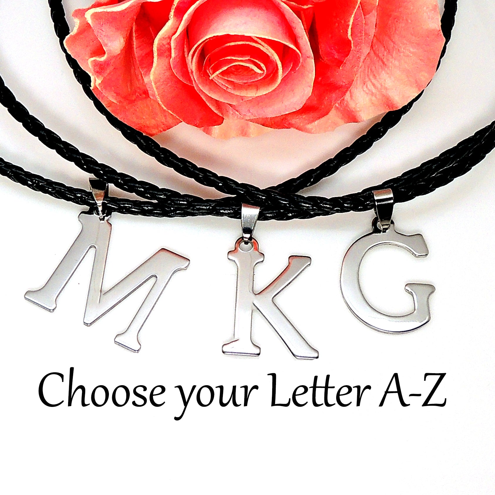Initial Letter Necklace PU Leather Stainless Steel Men Women Ginger Lyne Collection - E