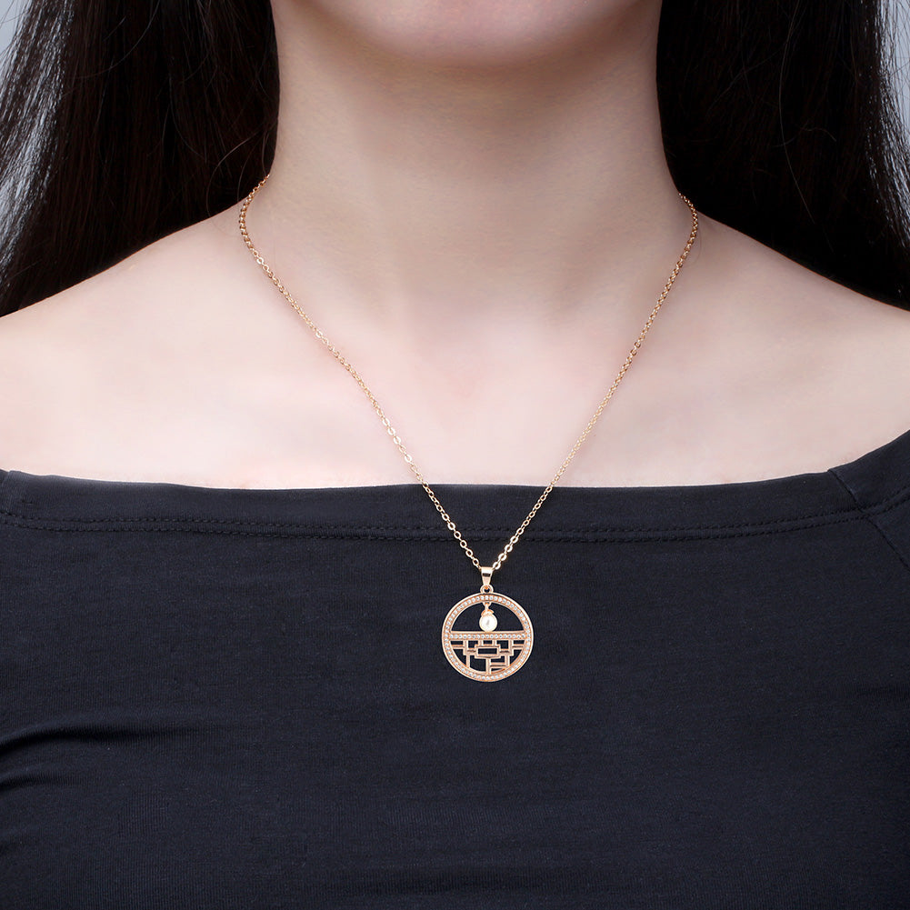 Flower Window Pattern Pendant Necklace for Women Cz Simulated Pearl Ginger Lyne Collection - Rose Gold