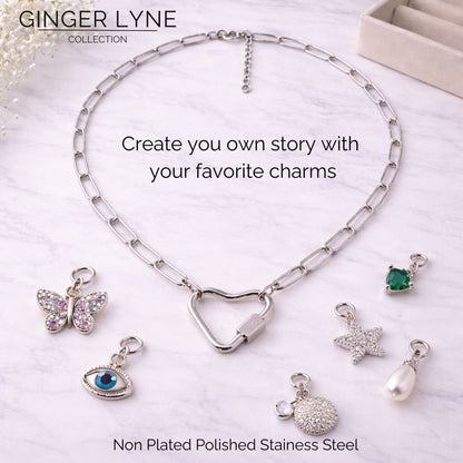 Heart Carabiner Charm Holder Necklace for Women by Ginger Lyne Paperclip Chain Silver Stainless Steel 18-20" - Silver-PaperclipChain/Heart CH