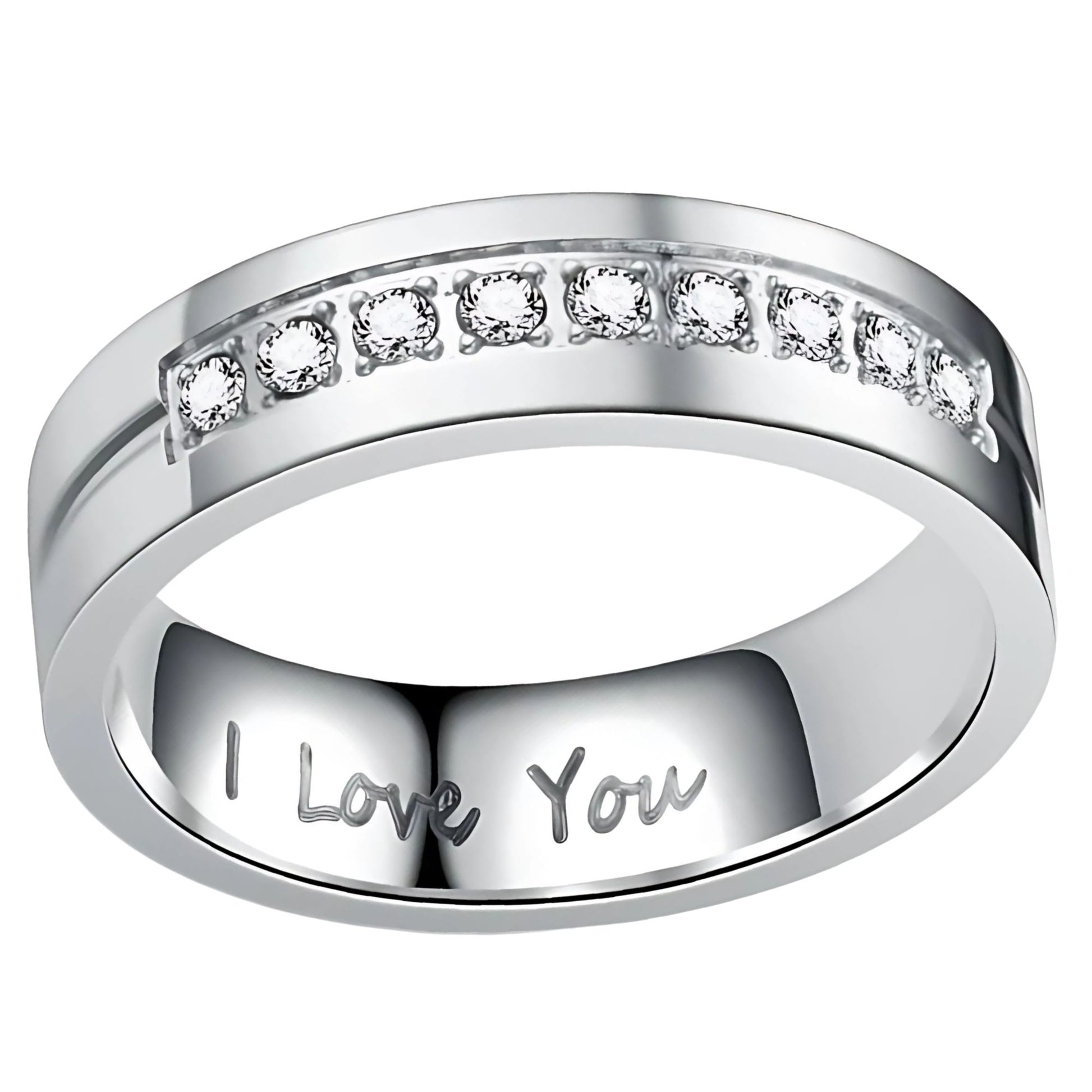 6mmWeddingBandforMenorWomenbyGingerLyneInscribedILoveYouStainlessSteelCZ_Silver-1