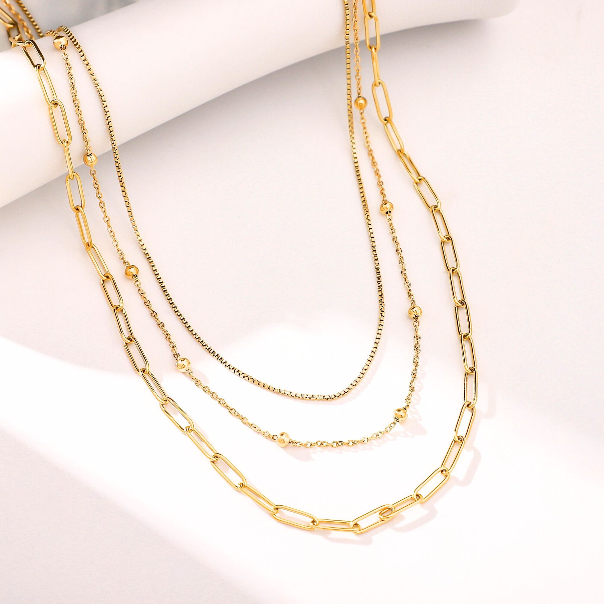Layered Chain Necklace for Women by Ginger Lyne Gold Plated Stainless Steel Box Bead and Paperclip Chains - Gold