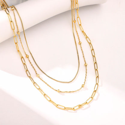Layered Chain Necklace for Women by Ginger Lyne Gold Plated Stainless Steel Box Bead and Paperclip Chains - Gold