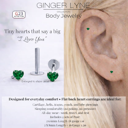 Small Heart CZ Solitaire Flat Back Stud Earrings Titanium Body Piercings by Ginger Lyne 2 Sets Post 6mm 8mm - 3mm-DkGreen