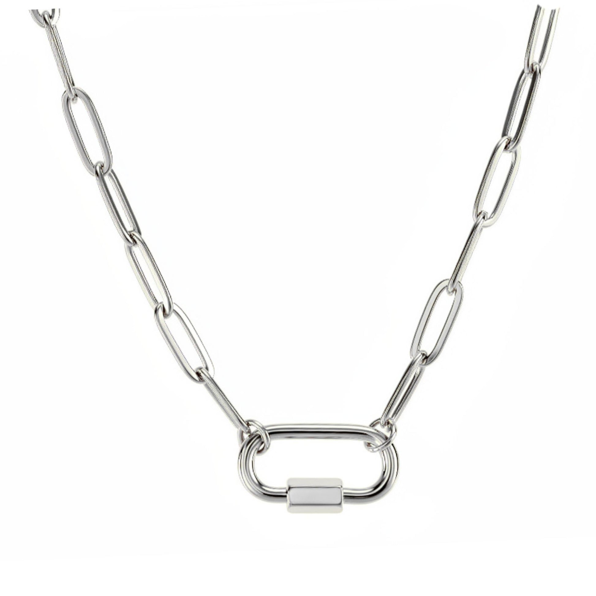 CarabinerCharmHolderNecklaceforWomenbyGingerLynePaperclipChainSilverStainlessSteel18-20"_Silver-PaperclipChain/RectSqCH-1