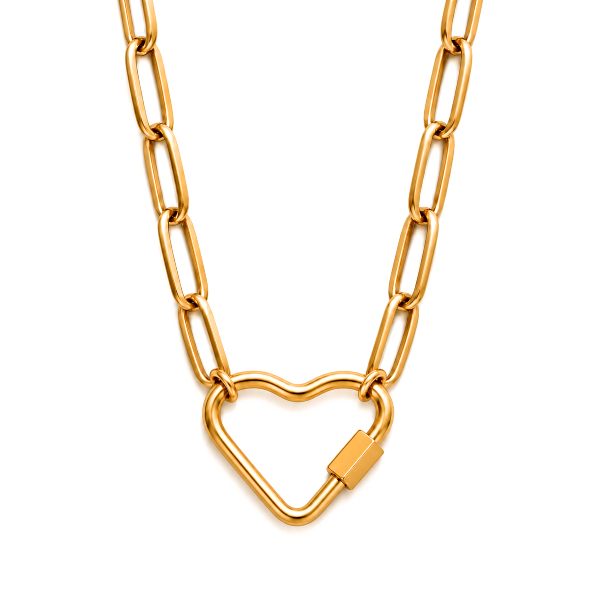 Gold Plated Heart Carabiner Charm Holder Necklace Paperclip Chain 22mm Heart Clasp 18-20 Inch Stainless Steel by Ginger Lyne - Gold-PaperclipChain/Heart CH