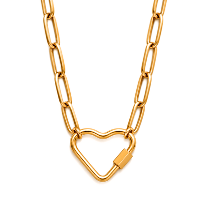Gold Plated Heart Carabiner Charm Holder Necklace Paperclip Chain 22mm Heart Clasp 18-20 Inch Stainless Steel by Ginger Lyne - Gold-PaperclipChain/Heart CH