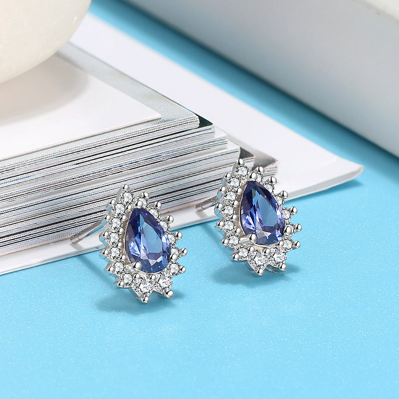 Pear Teardrop Stud Earrings for Women Sterling Silver Blue Cz Ginger Lyne Collection