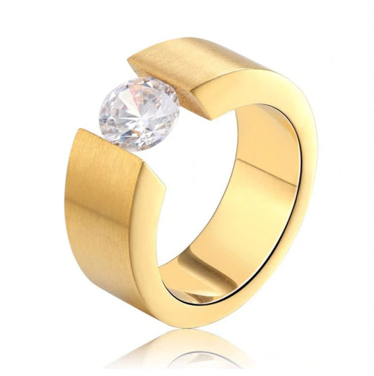 Wedding Band Ring for Men or Women 8mm Wide Gold Stainless Steel 1 Ct Cz Ginger Lyne Collection