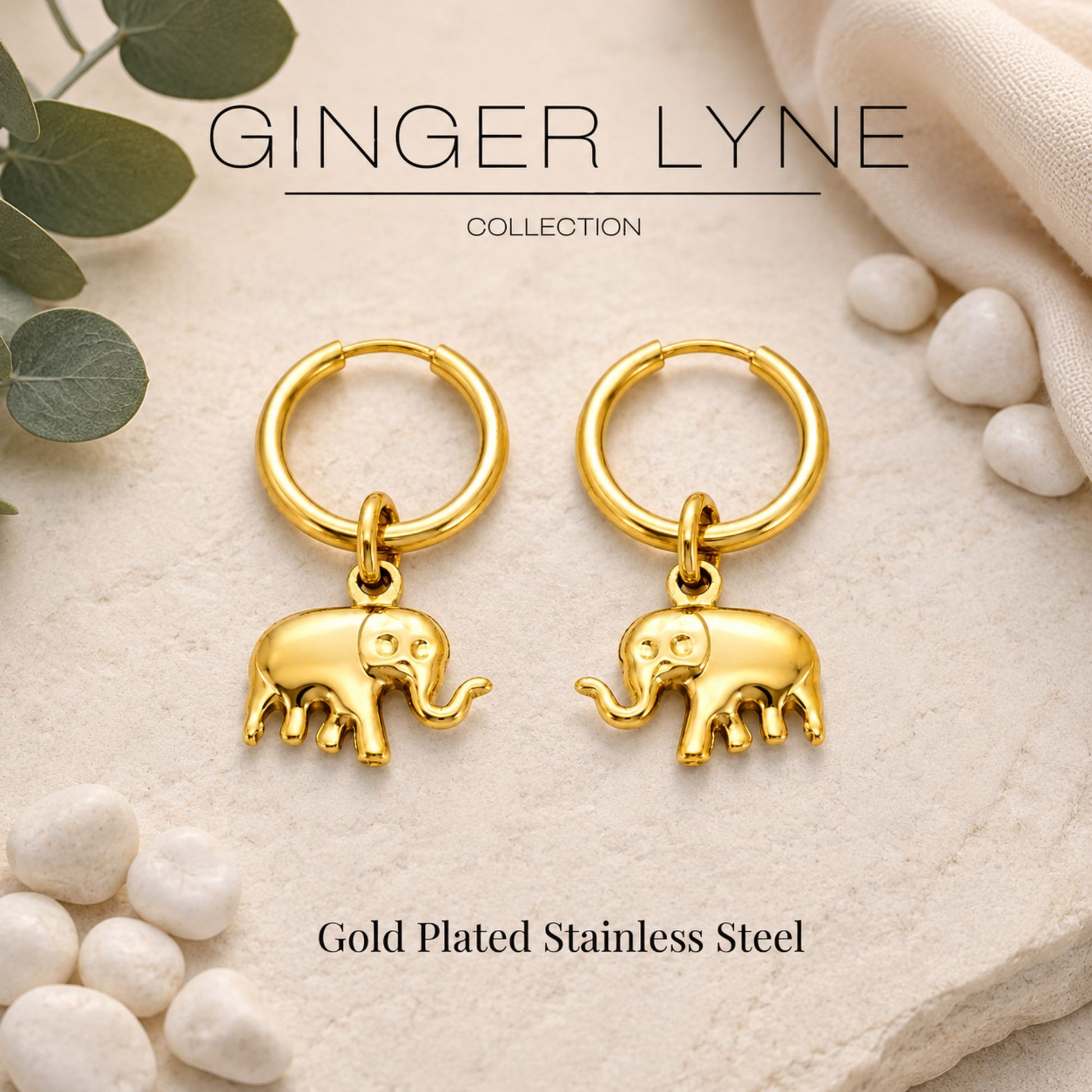 DangleElephantHoopEarringsforWomen12mmGoldPlatedStainlessSteelbyGingerLyne_Silver-4