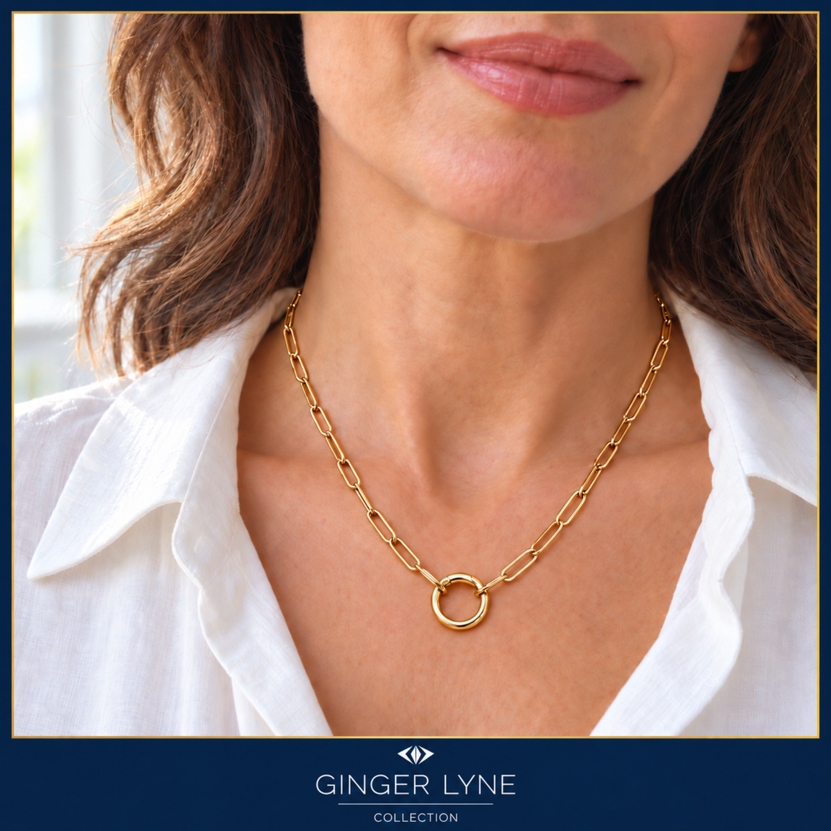 Carabiner Charm Necklace for Women Paperclip Chain Round Carabiner Holder Stainless Steel by Ginger Lyne - 14mm/Gold