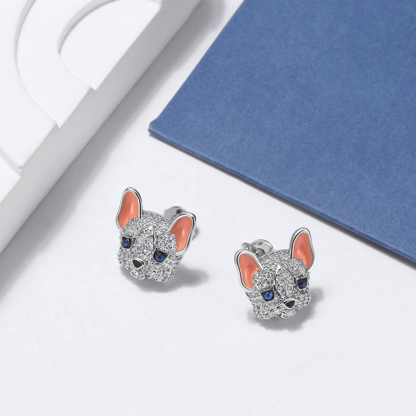 Frenchie Stud Earrings French Bulldog White Dog Cubic Zirconia Girls Ginger Lyne Collection