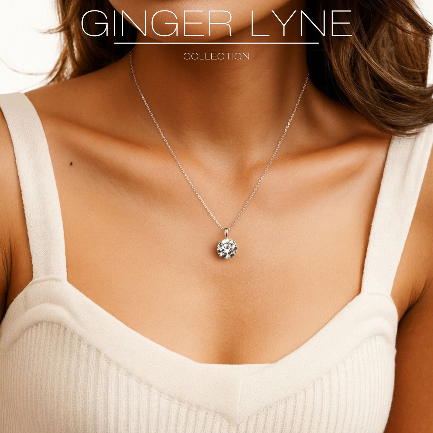 Round Solitaire Necklace for Women Sterling Silver 4 Ct 8A Cubic Zirconia Pendant 16-18" Chain by Ginger Lyne Colelction - White Gold-Tone