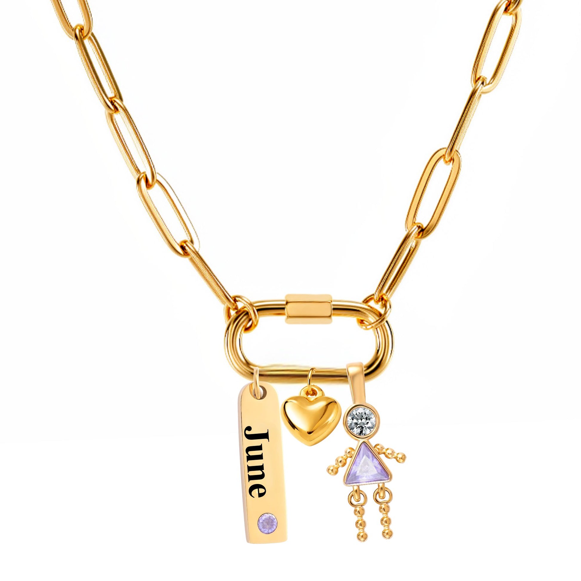 CarabinerFamilyBirthstoneNecklaceforMomorGrandmabyGingerLyneStainlessSteelCZBirthdayCharms_Female-June-Gold-1