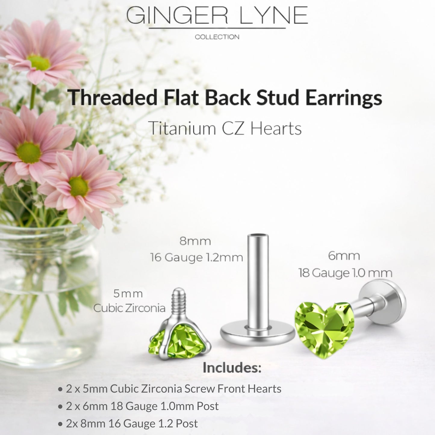 Small Heart CZ Solitaire Flat Back Stud Earrings Body Piercings by Ginger Lyne 2 Sets Post 6mm 8mm Included - 5mm-PeridotGreen