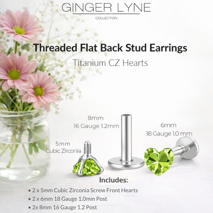 Small Heart CZ Solitaire Flat Back Stud Earrings Body Piercings by Ginger Lyne 2 Sets Post 6mm 8mm Included - 5mm-PeridotGreen
