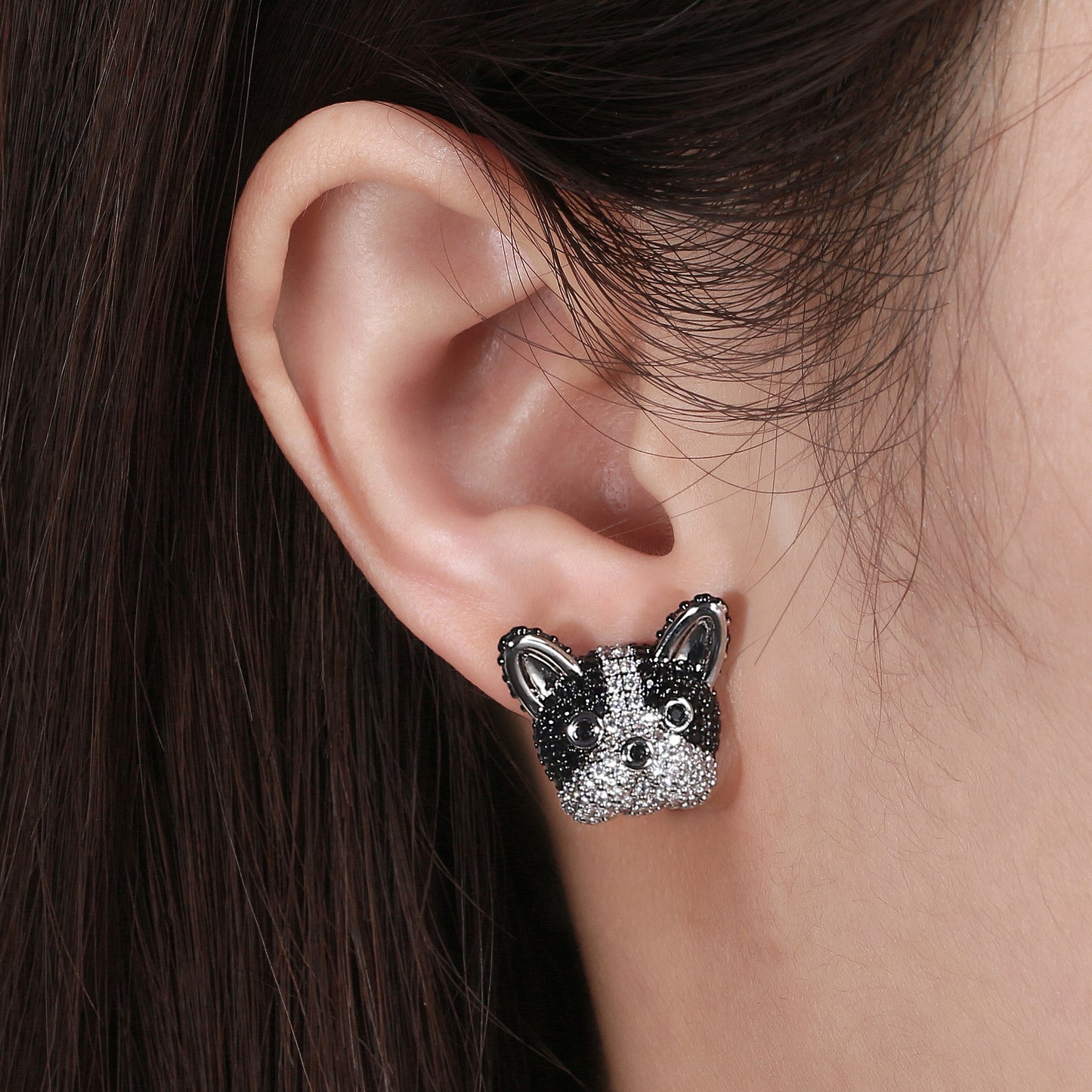 Boston Terrier Stud Earrings Dog Black Cubic Zirconia Girl Ginger Lyne Collection - Boston Terrier