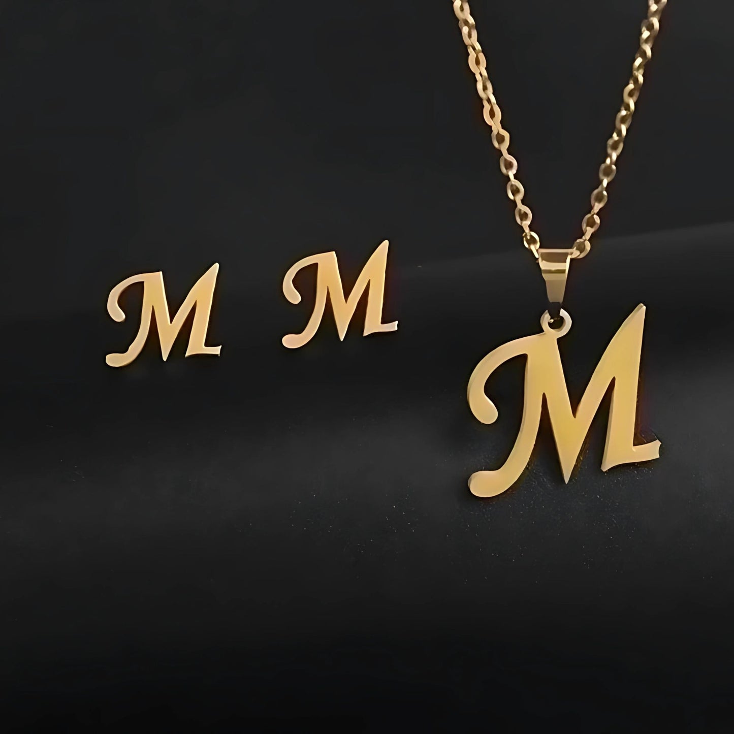 Initial Letter Pendant Necklace Earrings Set for Women Gold Plated Stainless Steel by Ginger Lyne - M