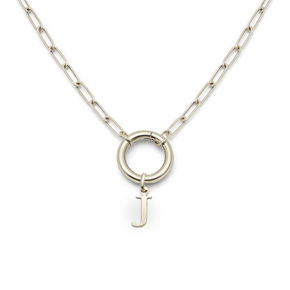 PaperclipLinkCircleCarabinerIntialLetterCharmHolderNecklaceforWomenStainlessSteel20"GingerLyne_Silver-J-1