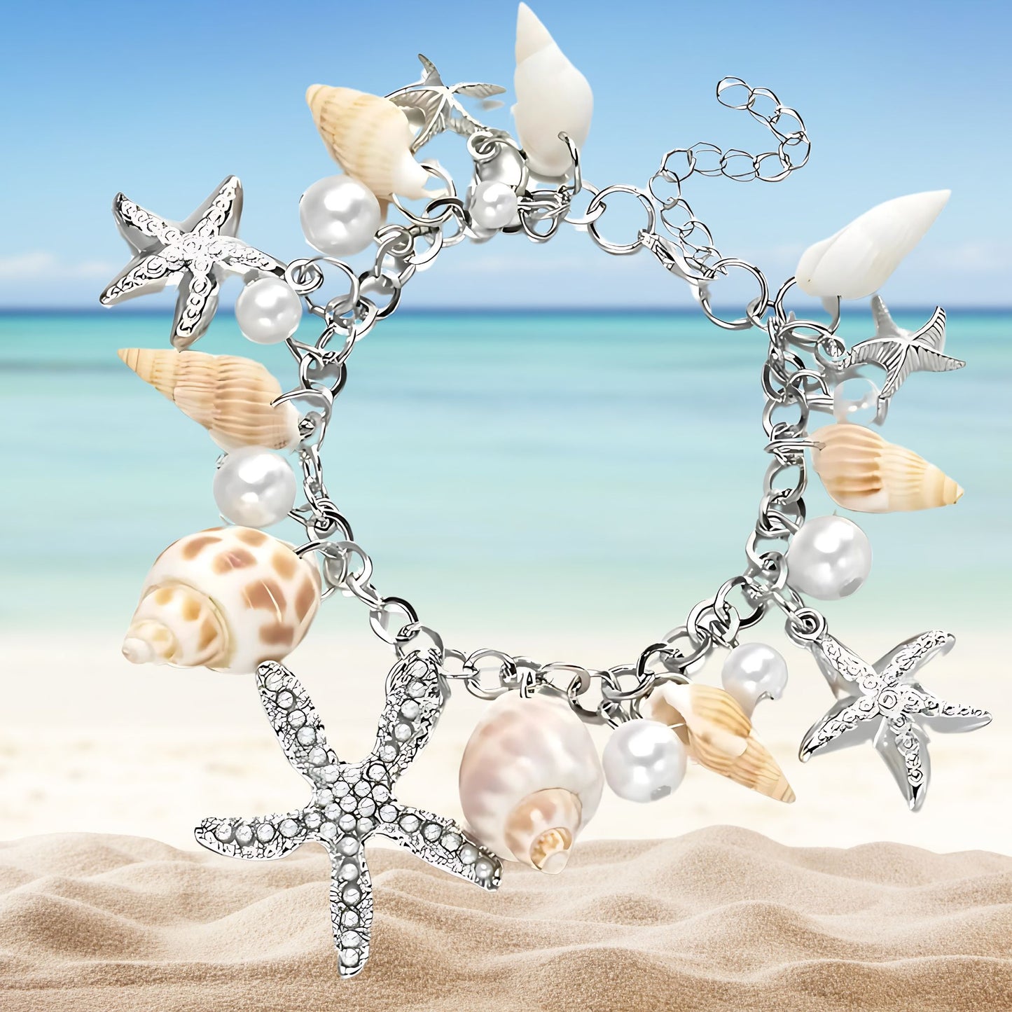 Seashell Charm Bracelet for Women by Ginger Lyne Gold Plated Pearls Starfish and Shells - Silver