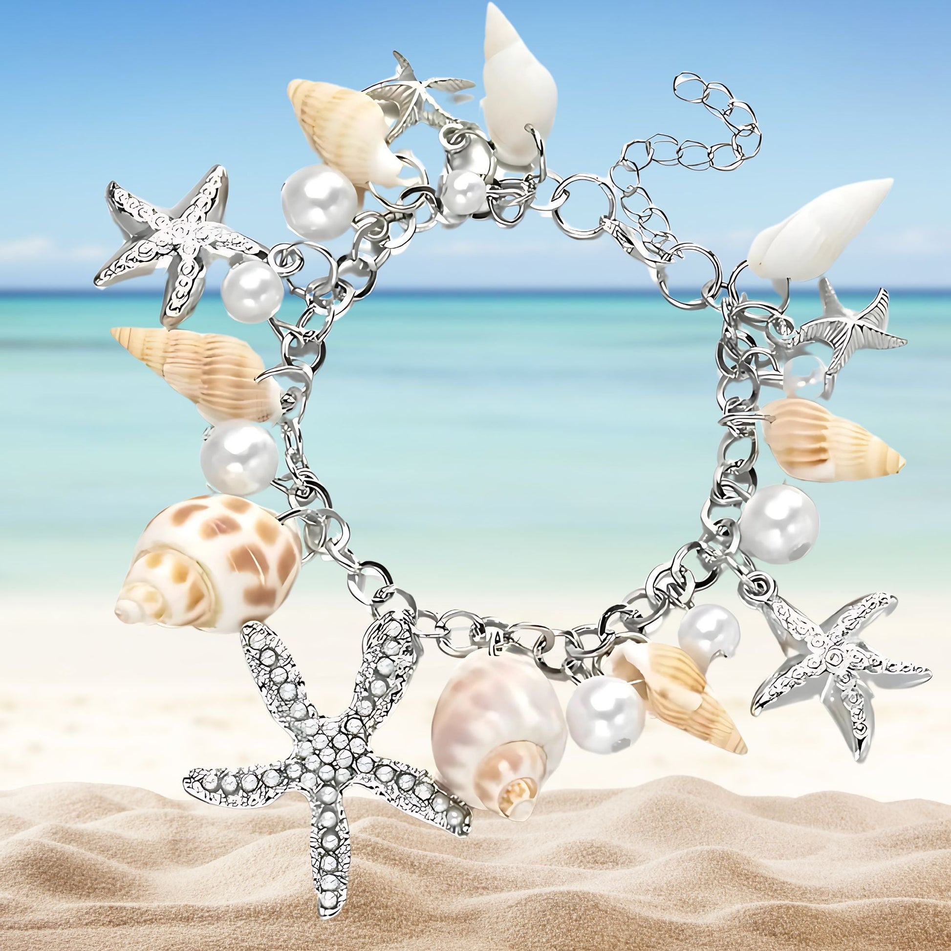 Seashell Charm Bracelet for Women by Ginger Lyne Gold Plated Pearls Starfish and Shells - Silver