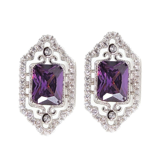 Gigi Filigree Stud Earrings Emerald Cut Purple CZ Womens Ginger Lyne Collection