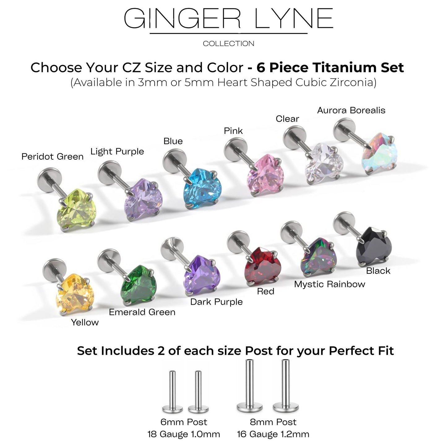 Small Heart CZ Solitaire Flat Back Stud Earrings Titanium Body Piercings by Ginger Lyne 2 Sets Post 6mm 8mm - 3mm-DKPurple