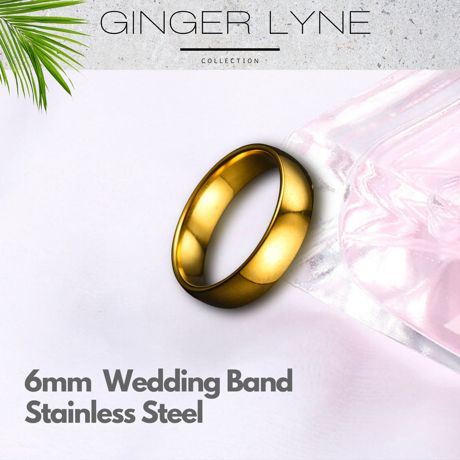 6mm Wedding Band Women Mens Gold Stainless Steel Ring by Ginger Lyne Collection - 6mm Gold,7