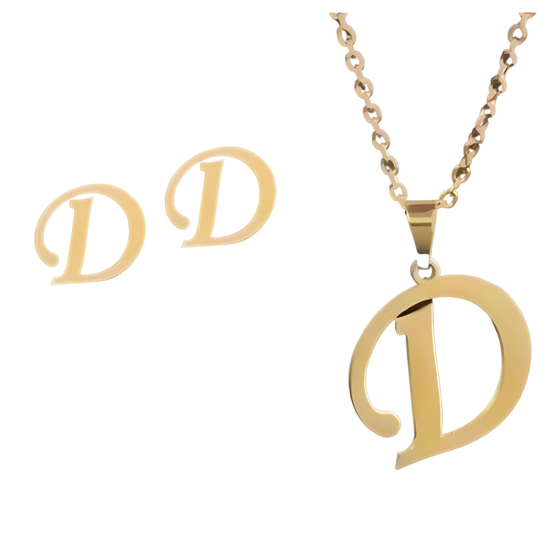 InitialLetterPendantNecklaceEarringsSetforWomenGoldPlatedStainlessSteelbyGingerLyne_D-1