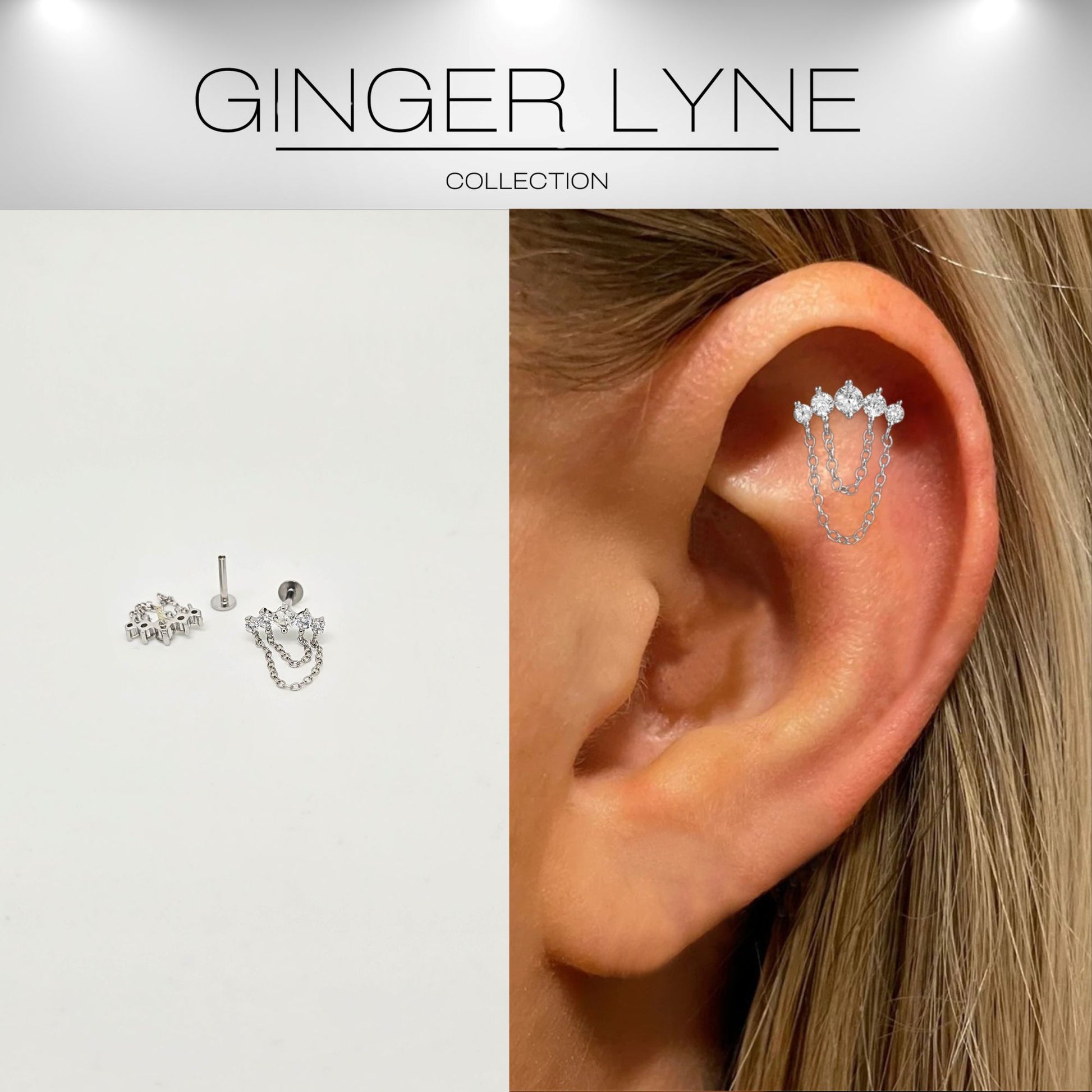 Crawler with Chains CZ Flat Back Earrings 16g Cartilage Helix Tragus Lobe Sterling Silver 1 pair by Ginger Lyne - Silver