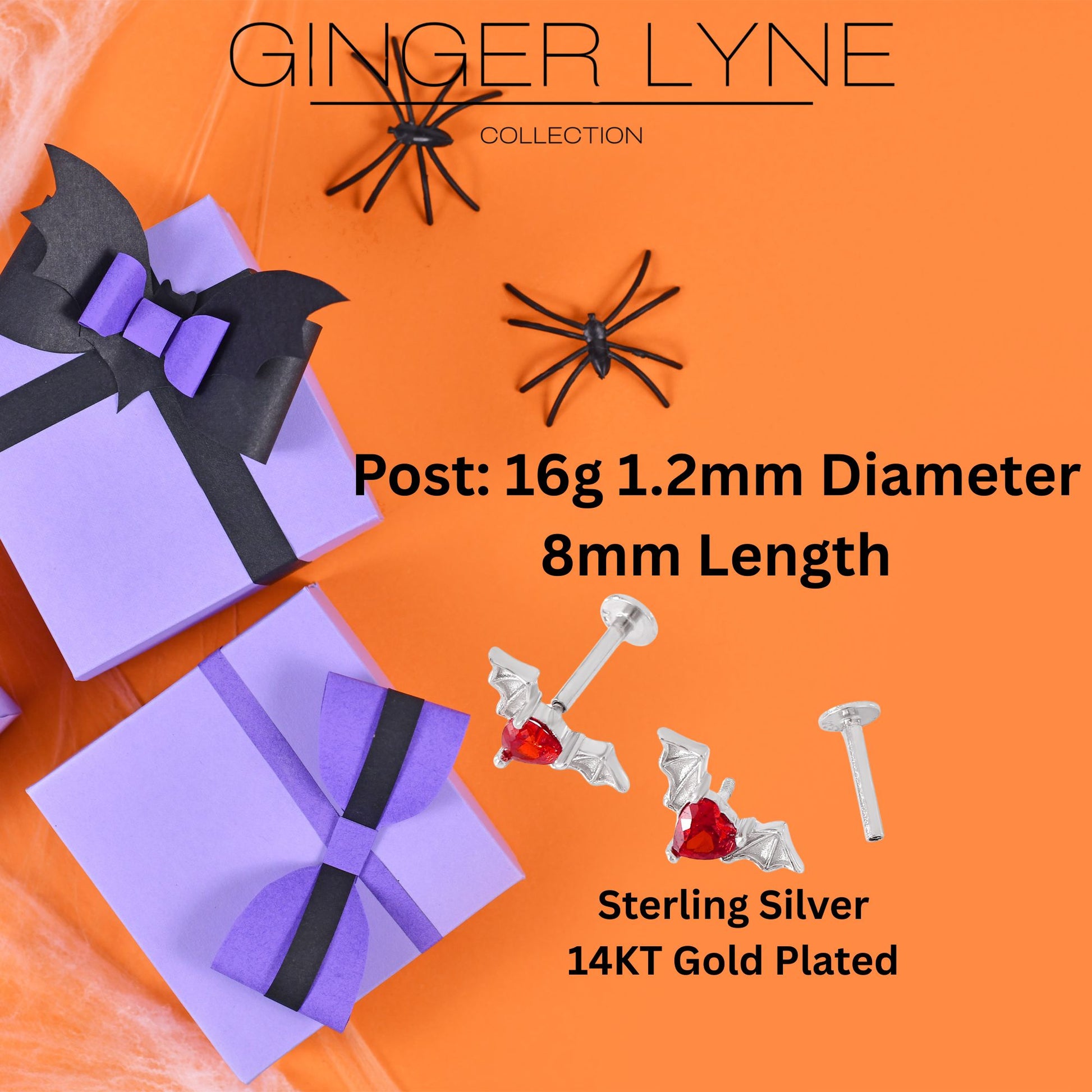 Flying Bat Flat Back Earrings for Women Sterling Silver 16g Cartilage Helix Lobe Body Piercing Stud Ginger Lyne - Silver