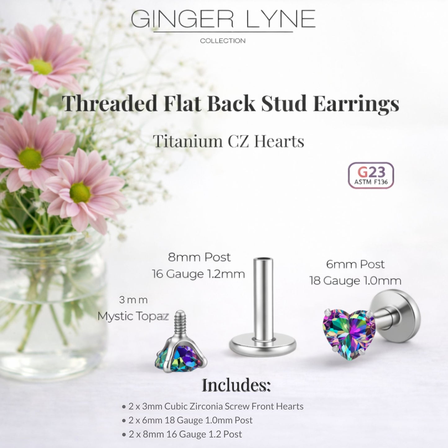 Small Heart CZ Solitaire Flat Back Stud Earrings Titanium Body Piercings by Ginger Lyne 2 Sets Post 6mm 8mm - 3mm-MysticRainbow