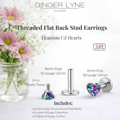 Small Heart CZ Solitaire Flat Back Stud Earrings Titanium Body Piercings by Ginger Lyne 2 Sets Post 6mm 8mm - 3mm-MysticRainbow