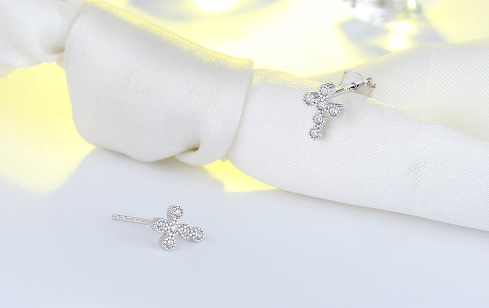 Religious Cross Stud Earrings for Women Cz Sterling Silver Ginger Lyne Collection - Silver
