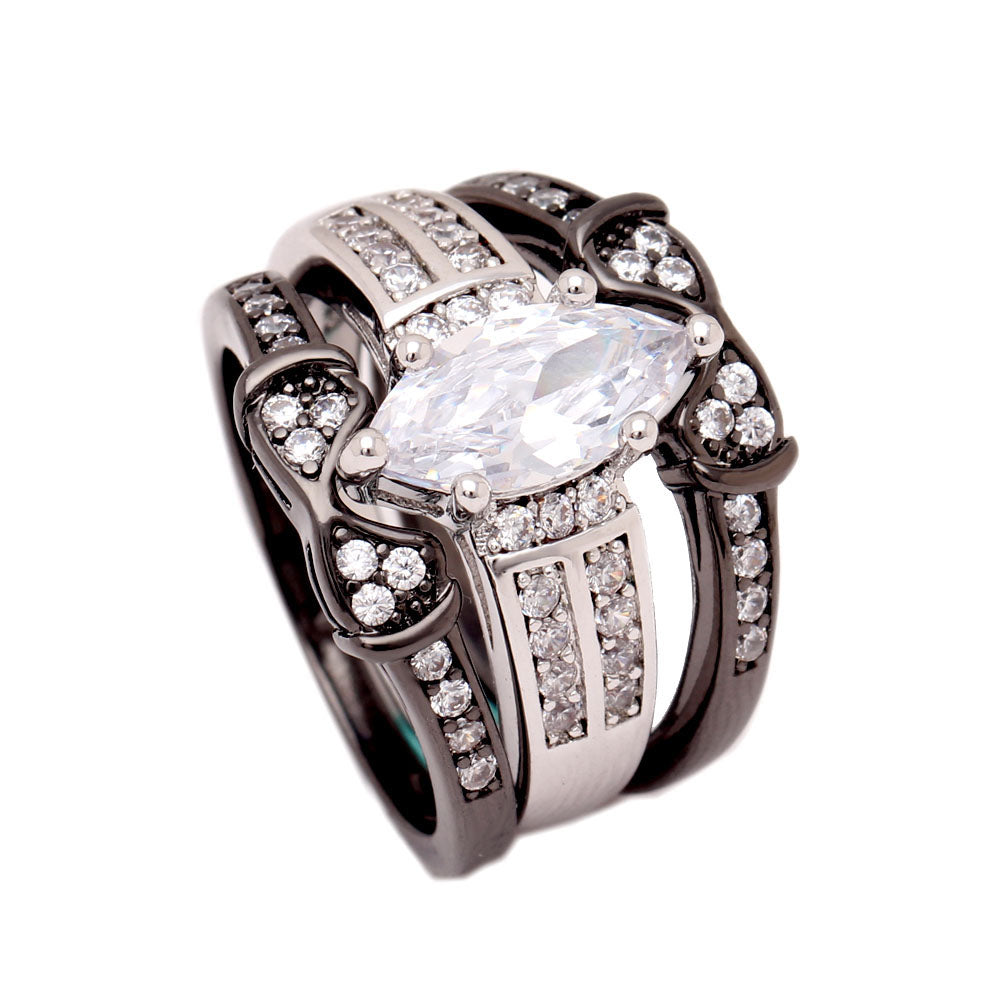 Adora Bridal Set Engagement Ring Wedding Band Cubic Zirconia Black Halo Ginger Lyne Collection - Black,10