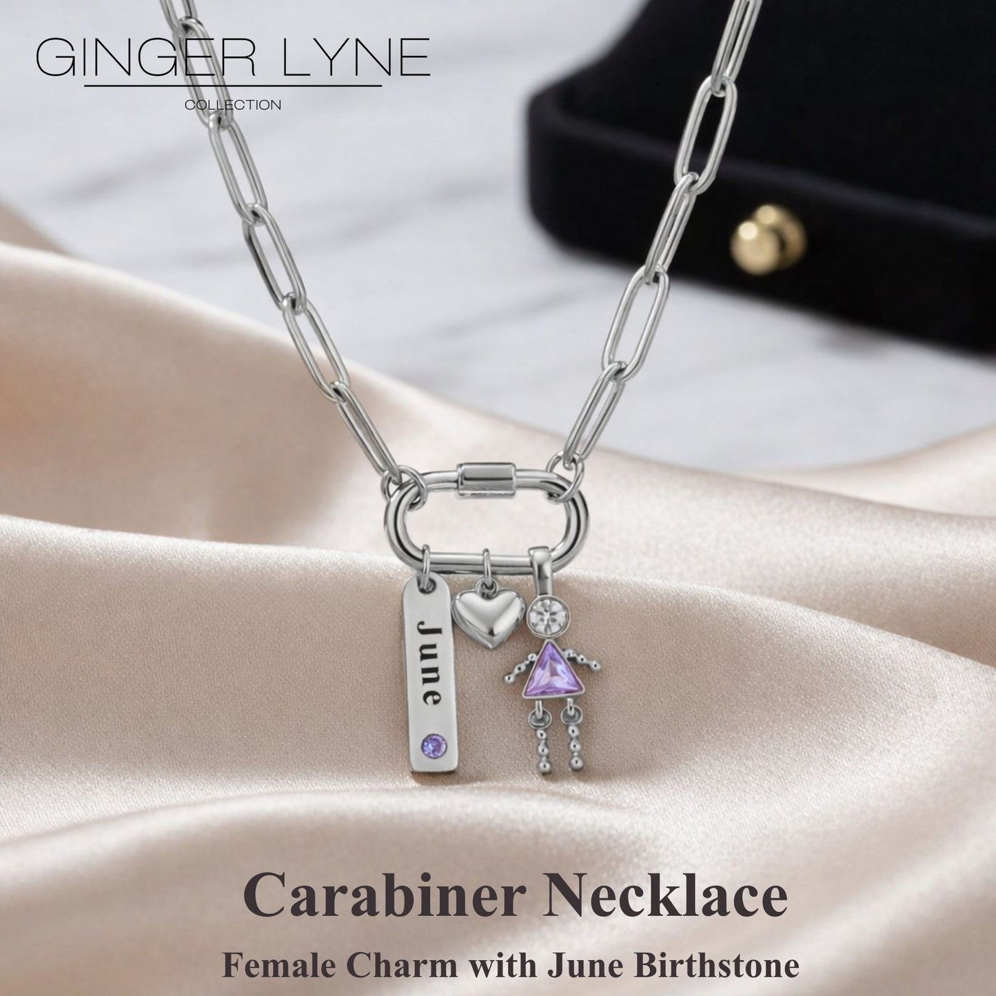Carabiner Family Birthstone Necklace for Mom or Grandma by Ginger Lyne Stainless Steel CZ Birthday Charms_Female-June-Silver-2