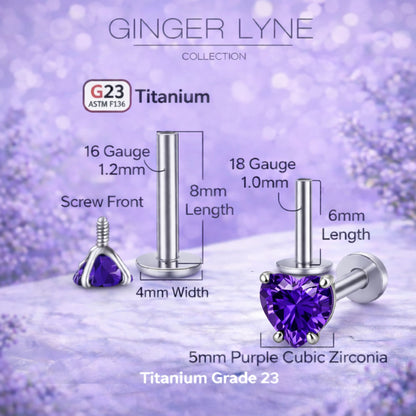 Small Heart CZ Solitaire Flat Back Stud Earrings Body Piercings by Ginger Lyne 2 Sets Post 6mm 8mm Included - 5mm-DKPurple